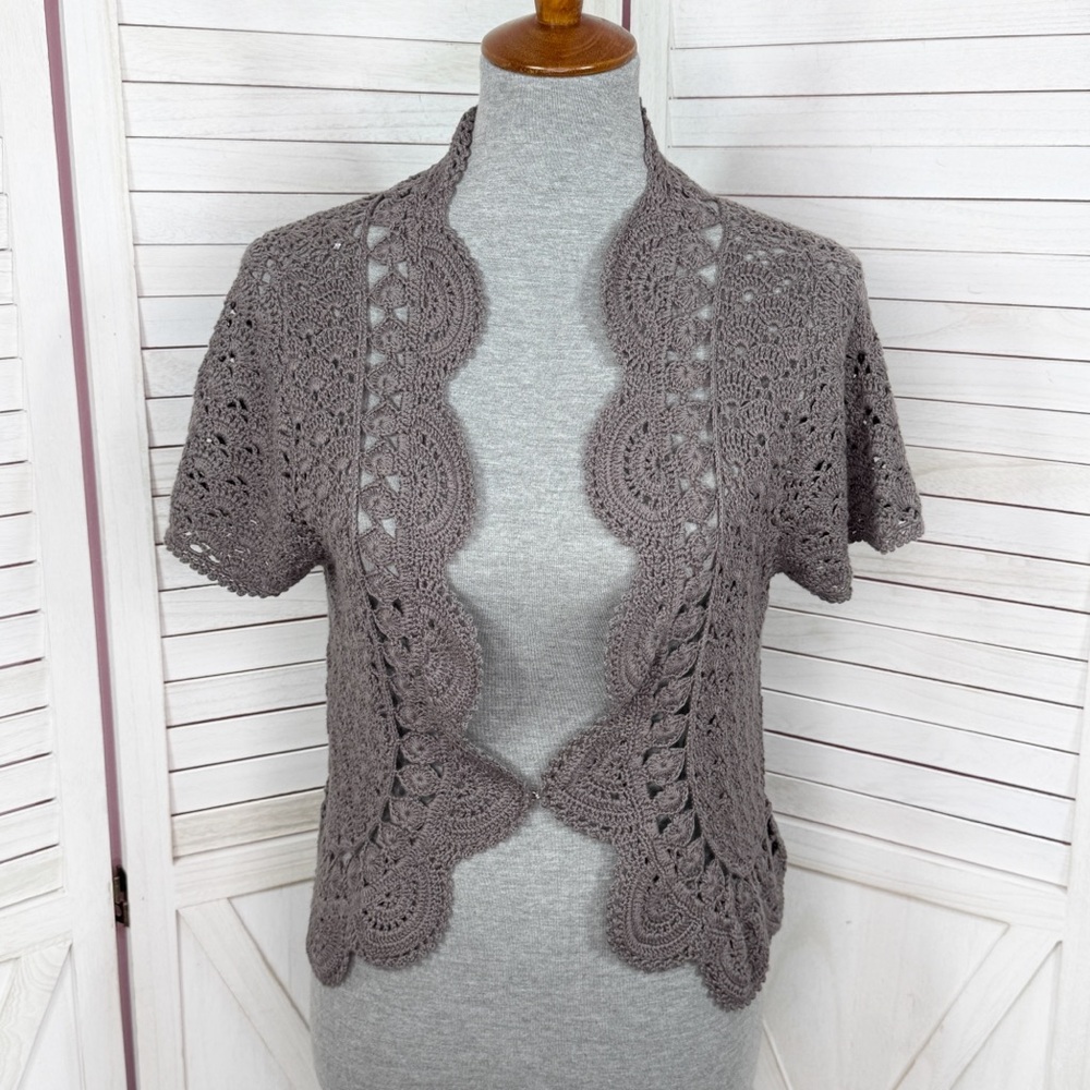 Willi Smith Boho Cottage Crochet Cardigan Shrug Sweater Taupe Medium